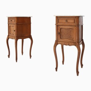 French Louis XV Style Nightstands in Oak with Carrara Marble Top, Set of 2
