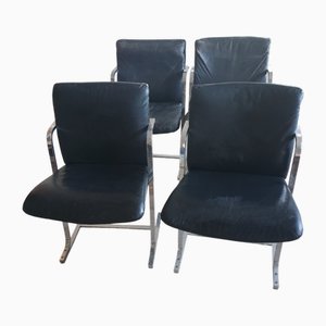 Chairs in Steel and Black Leather, 1970s, Set of 4