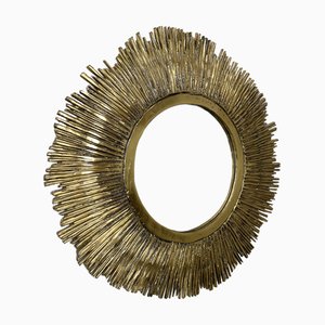 Large Handcrafted Sun Ray Mirror in Brass, France, 1970s