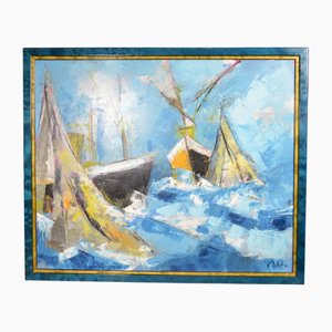 J.J. Millet, Boats in Bad Weather, 1990s, Oil on Canvas, Framed