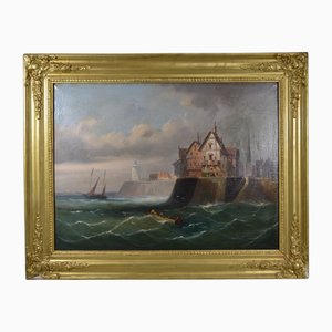 Der Sturm kommt am Hafen an, 1800er, Öl auf Leinwand, Gerahmt