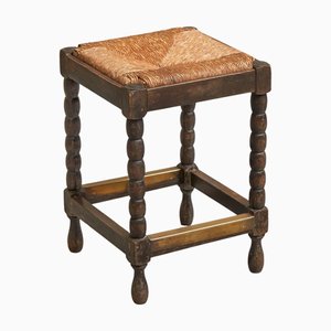 Vintage Stool in Oak and Brass, 1920s