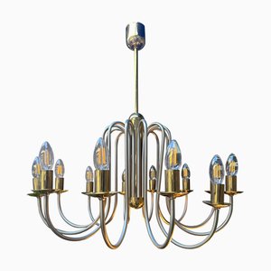 Vintage French Twelve Arm Chandelier in Brass and Nickel Finish, 1970
