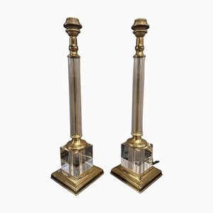 Vintage Column Table Lamps in Acrylic and Lacquered Brass, 1980, Set of 2