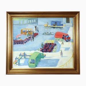 The Bustling Market Street Scenes, años 50, óleo sobre lienzo, enmarcado
