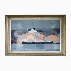 Village Across the Water Landschaften, 1950er, Bemalt, Gerahmt