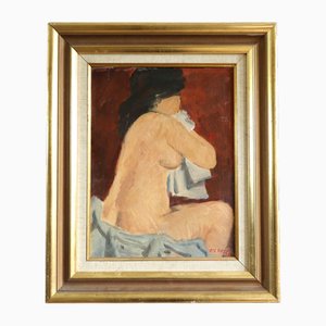 Repose by Red, 1950s, Oil on Board, Framed
