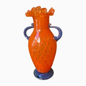 Vase en Verre de Murano Orange avec Poignées Violettes par Henriette
