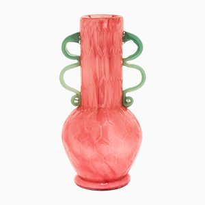 Pink Vase with Turquoise Handles in Blown Murano Glass by Henriette