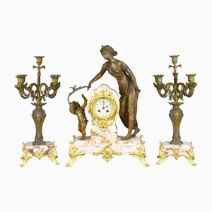Large French Art Nouveau Mantel Clock and Trim, Set of 3