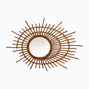Spiral-Shaped Sun Wall Mirror in Rattan, 1960s
