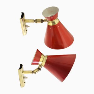 Rote Diabolo Wandlampen mit Gelenken von Rene Mathieu für Lunel, 1950er, 2er Set