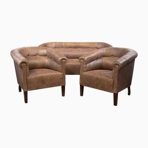 Antikes Leder Club Sofa & Sessel, 1920er, 3er Set