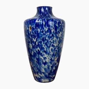 Vaso in vetro soffiato blu cobalto e maculato bianco, anni '60