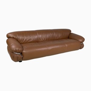 Italian Modern Sesann Sofa in Brown Leather by Gianfranco Frattini for Cassina, 1970s
