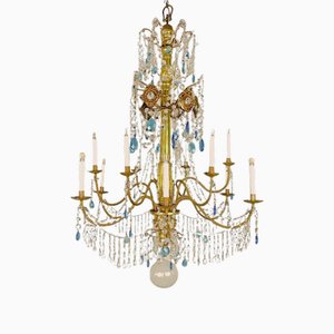 Lámpara de araña Imperio genovés italiano de 12 luces de madera dorada y cristal, década de 1780