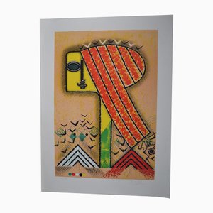 Anton Cetin, Rostro con tocado rojo y amarillo, años 90, Litografía, Papel