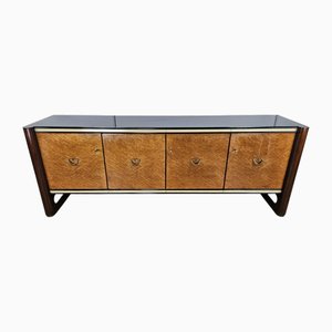 Art Deco Sideboard in Mahogany and Maple with Black Glass and Brass Finishes by Osvaldo Borsani for La Permanente Mobili Cantù, 1950