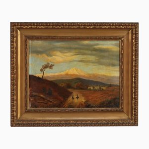Countryside Glimpse with Figures, Oil Painting, 1800s, Framed