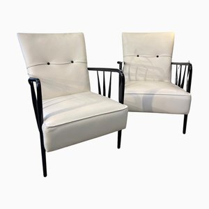 Sessel aus Weißem Leder & Schwarzem Holz, 1950er, 2er Set