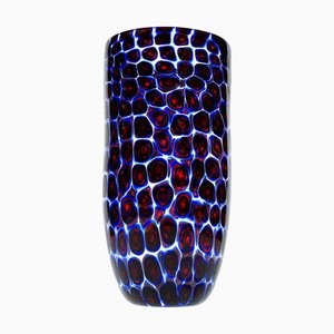 Jarrón de cristal de Murano con mosaico murrino flotante en azul y rojo, años 80