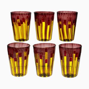 Yellow and Amethyst Color Glass with Bright Red Accents by Piattelli, Set of 6