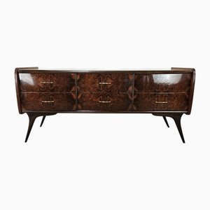 Commode à Tiroirs Mid-Century en Bois et Laiton avec Plateau en Verre Effet Onyx, 1960