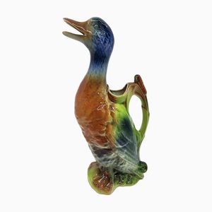 Art Nouveau Polychrome Slip and Earthenware Duck Pitcher from Saint Clément
