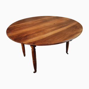 Vintage French Round Walnut Drop-Leaf Dining Table on Casters, 1930s