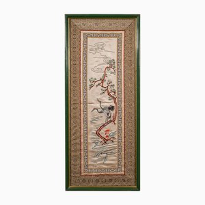 Panel alto Art Déco vintage bordado con escena de bordado de seda oriental, años 30