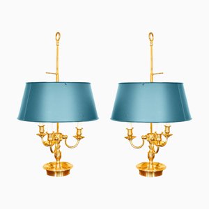 Französische Empire Tischlampen aus Messing mit Grünen Lampenschirmen, 2 . Set