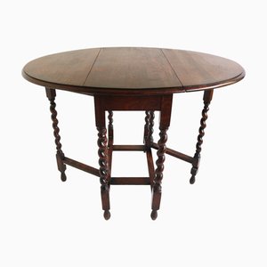 English Edwardian Oak Gate Leg Drop Leaf Table with Barley Twist Legs, 1900