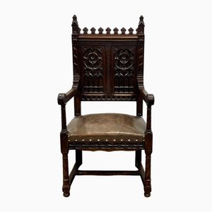 Early 20th Century Gothic Armchair in Oak and Leather Seat, 1890s