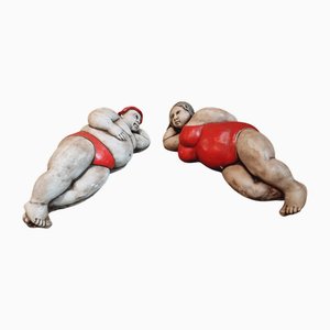 Juego de escultura francesa vintage de hormigón, años 60