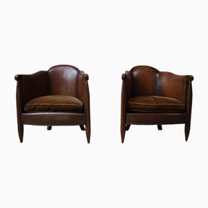 Art Deco Club Chairs in Leather and Oak from De Coene, 1920s, Set of 2
