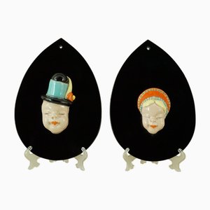 Art Deco Ceramic Masks attributed to Komlòs Brothers Manufacture, Budapest, Hungary, 1930s, Set of 2