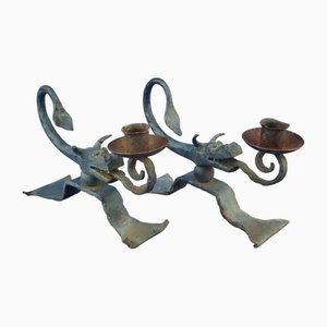 Wrought Iron Candelabras with Dragon Heads, Italy, 1920s, Set of 2