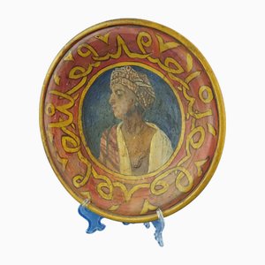Terracotta Plate with Arabic Painting attributed to Goldscheider, Austria, Early 1900s