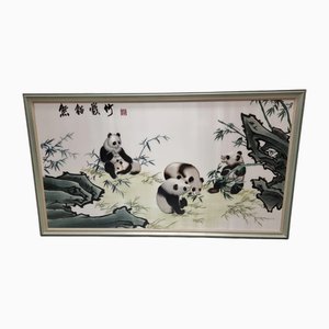 Vintage Chinese Silk Embroidery with Pandas, 1990s