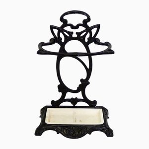 Art Nouveau Style Umbrella Stand in Black Enameled Cast Iron with White Tray, France, 1950s