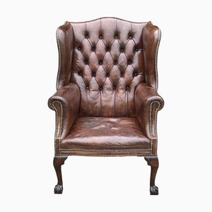 Brown Leather Button Wing Armchair, 1860s
