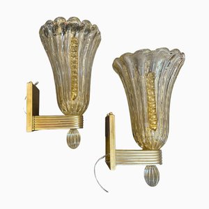 Appliques Murales Modernes en Verre de Murano Ambré et Laiton dans le style de Barovier, 21ème Siècle, Set de 2