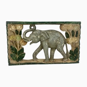 Thai Hand-Painted Wooden Elephant Wall Relief, 1960s