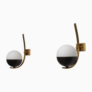 Italian Wall Sconces in Brass and Opaline Glass, 1950s, Set of 2