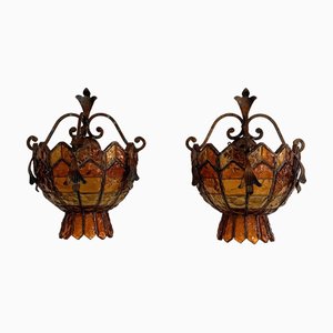 Wandleuchten aus Schmiedeeisen & Gehämmertem Glas Longobard zugeschrieben, Italien, 1970er, 2er Set