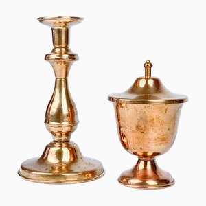 Copper Candleholder and Container, 1970s, Set of 2
