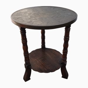 Antique Oak Side Table with Egyptian Etched Brass Top, 1940s