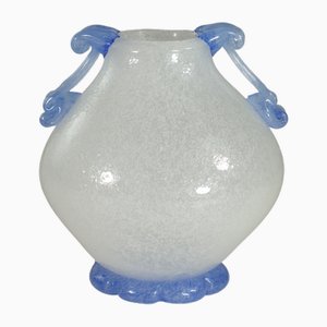 White and Blue Pulegoso Murano Glass Vase from Seguso, 1930s