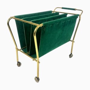 Chariot Porte-Revues Mid-Century en Laiton et Cuir, 1950s