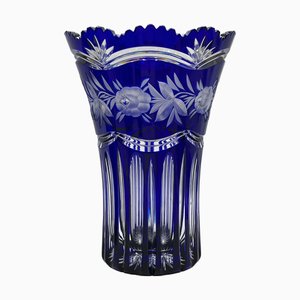 Jugendstil Kristallvase in Kobaltblau mit floraler Gravur von Lausitz